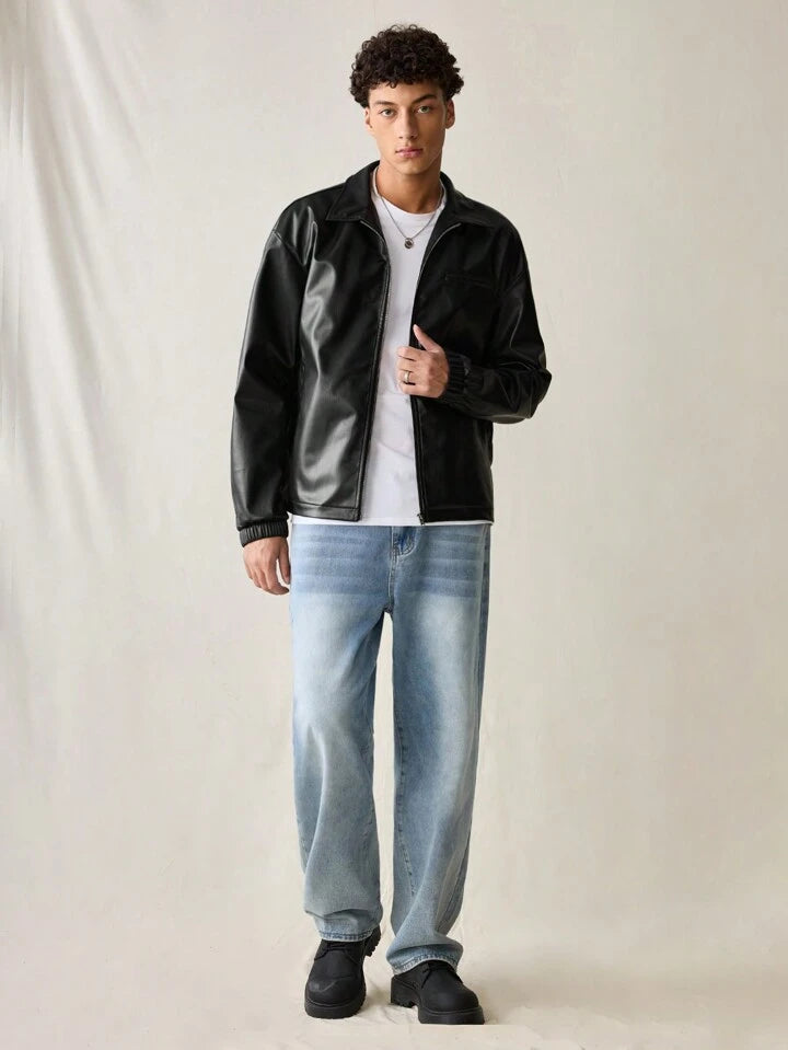 Men’s Cropped Leather Bomber Jacket – Waist-Length Minimalist Design